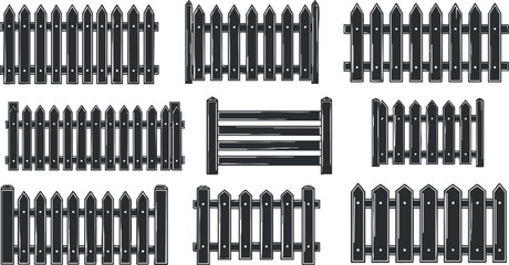 A collection of various styles of black wooden fences suitable for gardens and outdoor spaces.