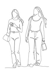 2 women with long hair walking. Left one using mobile phone. Continuous line drawing. Black and white vector illustration in line art style. Editable stroke.