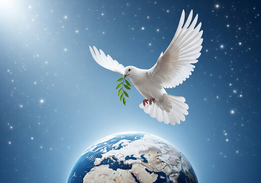 Symbolic Image of a White Dove Holding an Olive Branch Over a Serene, Snowy Earth for a "Peace on Earth" Christmas Message