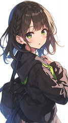 Japanese anime style girl with straight black hair and black school uniform, vertical background