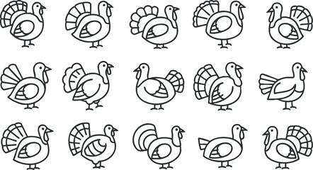 A playful pattern of cartoon turkeys in a simple black and white design suitable for various projects.