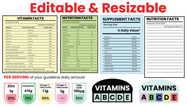 nutrition facts, vitamin facts,  supplement facts, nutrition fact template, food label, supplement label