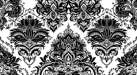 Obraz premium Elegant black and white damask pattern with intricate floral motifs creates a timeless and luxurious textile design for sophisticated interiors and fashion.