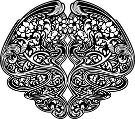 Elegant Art Nouveau floral motif design with intricate scrolling lines and botanical elements, perfect for decorative applications.