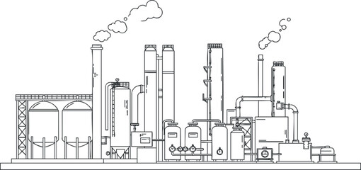 Obraz premium Illustration of an industrial factory with pipes and smoke in a line art style.