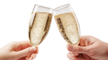 Hands clinking champagne glasses with sparkling bubbles celebration transparent background