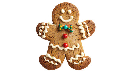 Decorated gingerbread man cookie with icing and colorful buttons transparent background