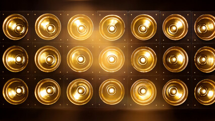 Close-up of multiple golden stage lights creating bright glowing bulbs pattern, perfect for concert, theater, and entertainment design.