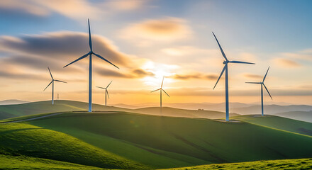 Majestic wind turbines grace rolling green hills at sunrise, symbolizing renewable energy's powerful dawn and a sustainable future for our planet.