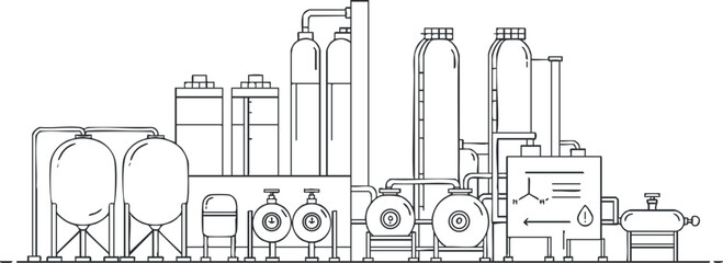Illustration of industrial machinery and equipment in a factory or processing plant layout.
