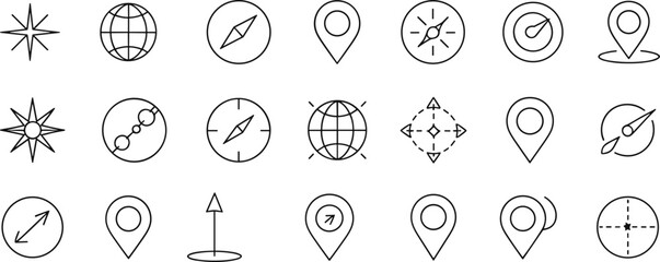 Navigation and location icon set, with compass, map pin, globe, and direction symbols for GPS and travel apps, thin line art, flat vector illustration