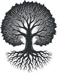 Naklejka premium A striking silhouette of a tree with intricate roots and branches representing nature and growth.