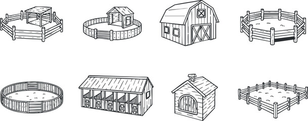 Naklejka premium A collection of hand-drawn farm structures including barns fences and circular enclosures for livestock.