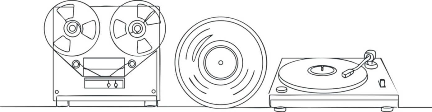 Illustration of audio equipment including a reel-to-reel tape recorder and a turntable with vinyl records.