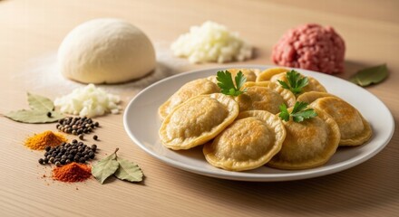 Plate of Cooked Pelmeni with Dough, Ground Meat, Onion, and Spices on Wooden Surface