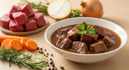 Beef stew in white bowl with carrots, onions, rosemary and bay leaves on a light wooden surface.