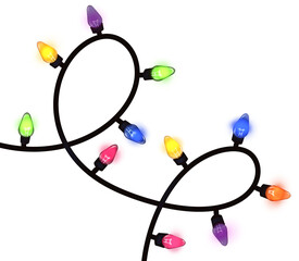 Glowing colorful christmas lights light bulbs isolated on transparent background. Handdrawn Christmas garlands decorations 
