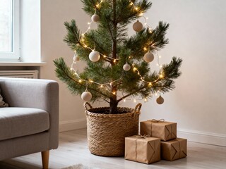 Fototapeta premium A small, minimalist Christmas tree decorated with warm string lights and neutral ornaments, placed in a woven basket with craft-paper wrapped gifts nearby in a cozy, modern living room.