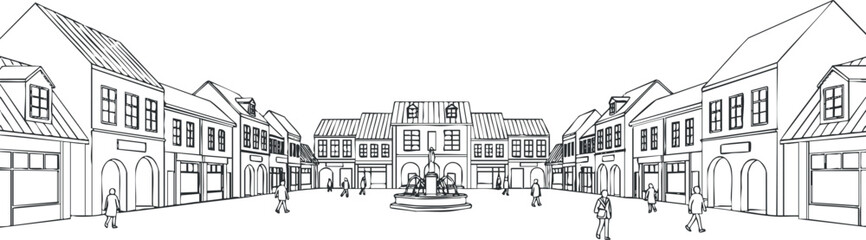 Fototapeta premium Illustration of a lively town square with buildings and people engaged in social activities.