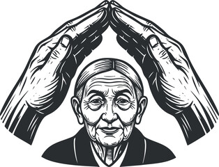 An illustration of an elderly woman with hands symbolizing protection and care.