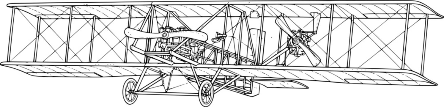 Wright flyer drawing. It is a black and white outline sketch of the historic Wright Brothers' airplane or early aircraft. Vector sketch line art draw.