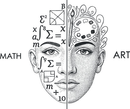 A creative illustration depicting the balance between math and art through a stylized face.