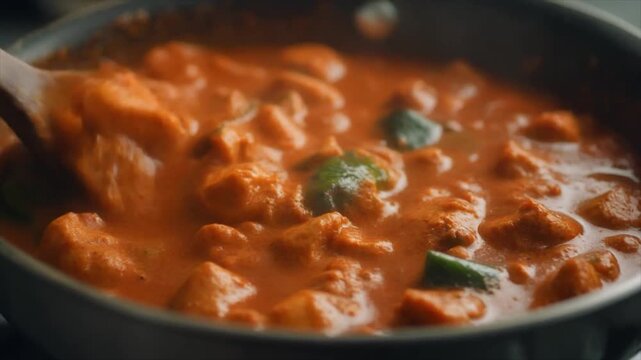 Close-up of Chicken Tikka Masala being stirred with a wooden spoon in a pan indian food curry