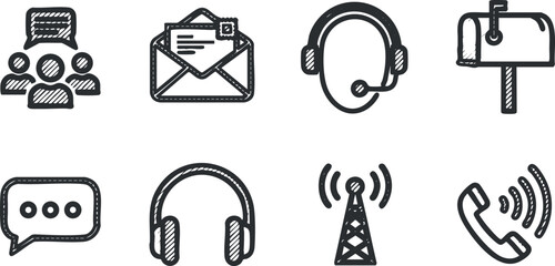 A collection of communication icons representing customer service and support tools including phone and email.