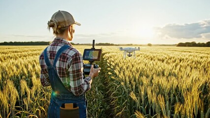 Farmer controlling drone over a wheat field at sunset, symbolizing modern agriculture and technology in farming - Powered by Adobe