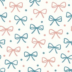 Cute Pattern of Bows and Dots in Pastel Colors on Light Background