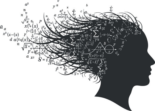 Creative representation of a profile with mathematical formulas and artistic elements symbolizing thought and imagination.
