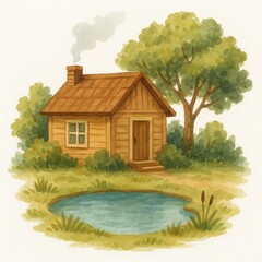 Cozy Wooden House Beside Tranquil Pond Surrounded by Greenery