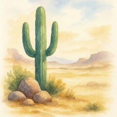 Serene Desert Landscape with Cactus and Rocky Terrain in Watercolor