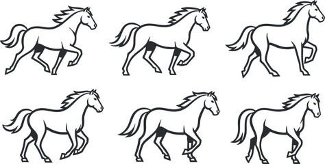 A series of black and white illustrations showcasing horses in various running and walking poses.