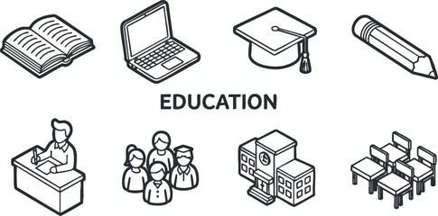 Icons representing education themes including learning, school, students, and teaching tools.