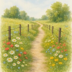Serene Pathway Through Vibrant Wildflowers in a Sunlit Meadow