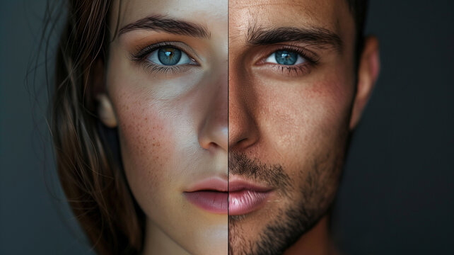 Retrato media cara mujer y media cara hombre