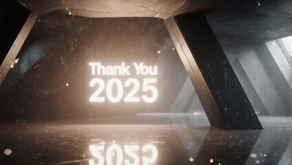 Futuristic Thank You 2025 Message with Reflective Floor and Geometric Structures.