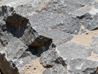 A detailed close-up of a rough grey rock embedded in sand, showing jagged edges and fissures revealing sparkling white crystalline mineral formations.