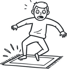 Naklejka premium A cartoon boy slipping on a carpet with a surprised expression showcasing a humorous moment.