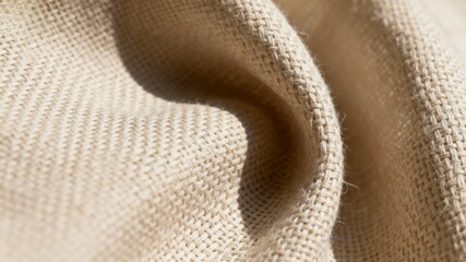 A close-up of natural beige woven fabric texture with soft folds and shadows, highlighting the crisscross pattern and material detail.