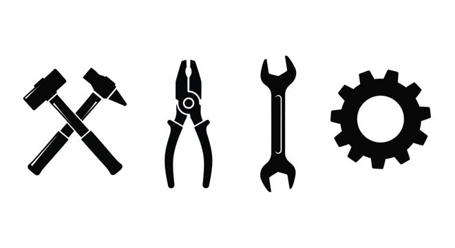 A collection of black silhouette tools including a hammer pliers and wrench