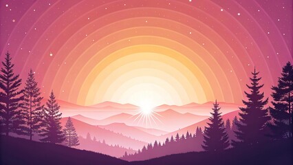 Radiant sunset with gradient glow illuminating peaceful mountain landscape and silhouetted trees