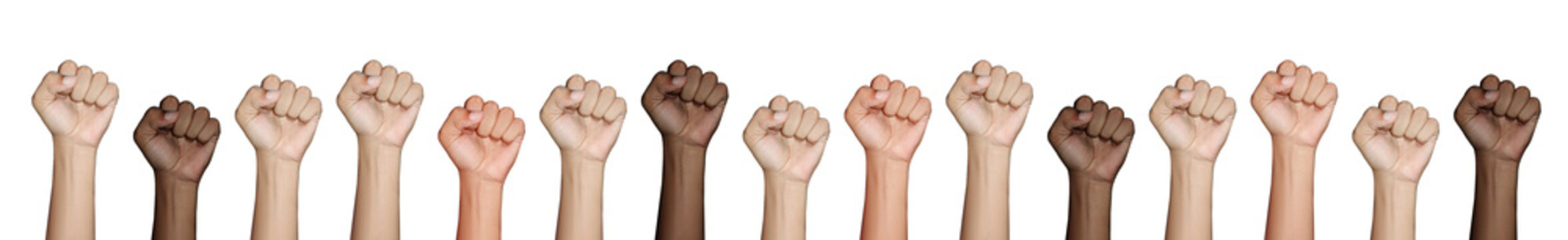 Hands or fists with all skin colors white and black for men women raising hands for rights or slogans for unity together march with transparent background
