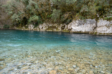 Aerial view of voidomatis river with the clear waters and the famous bridge in epirus Greece