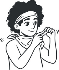 A cheerful young person wearing a bandana is smiling and making a playful gesture with their hands.