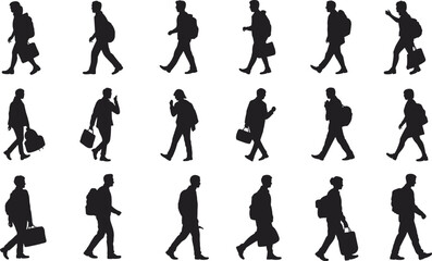 Walking people silhouettes, bag carrying icons, diverse posture figures, travel and commute symbols, black vector set, flat vector illustration