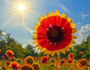 Vibrant Sunlit Sunflower in a Field with a Bright Sky and a Sunny Day