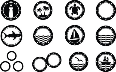 Nautical icons, marine silhouettes, ocean elements, sea life graphics, sailing symbols, porthole frames, black shapes, vector set, flat vector illustration
