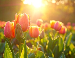 Vibrant Tulip Field Bathed in Golden Sunlight and Refreshing Dew Drops